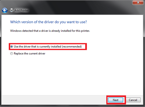 Add Printer Which version of your drive do you want to use? Windows has detected that it is a preloaded driver for this printer. We mark the Use the loaded driver (recommended) option. We click on the Forward button.